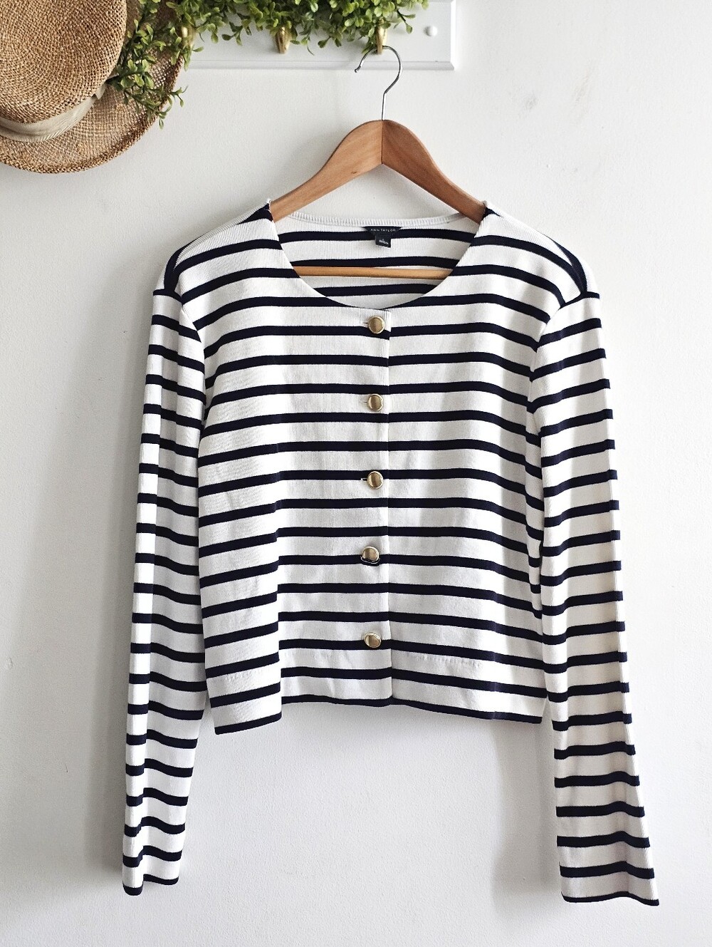 Ann Taylor Striped Cardigan Large Navy White Gold Button Cotton Blend